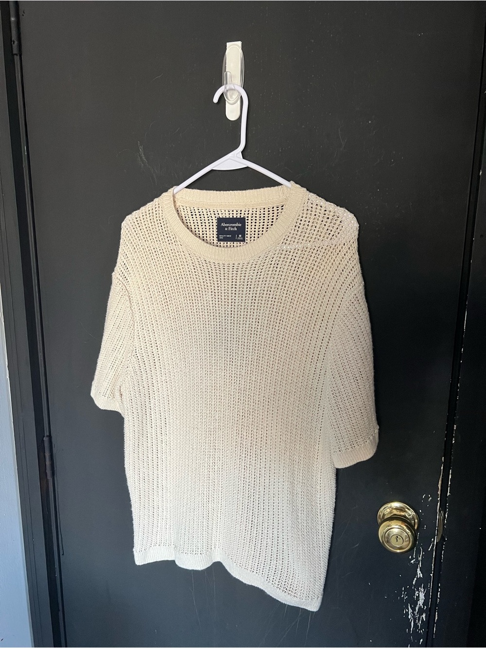 Abercrombie & Fitch Cream Boxy Oversized Open-Knit Short Sleeve Sweater